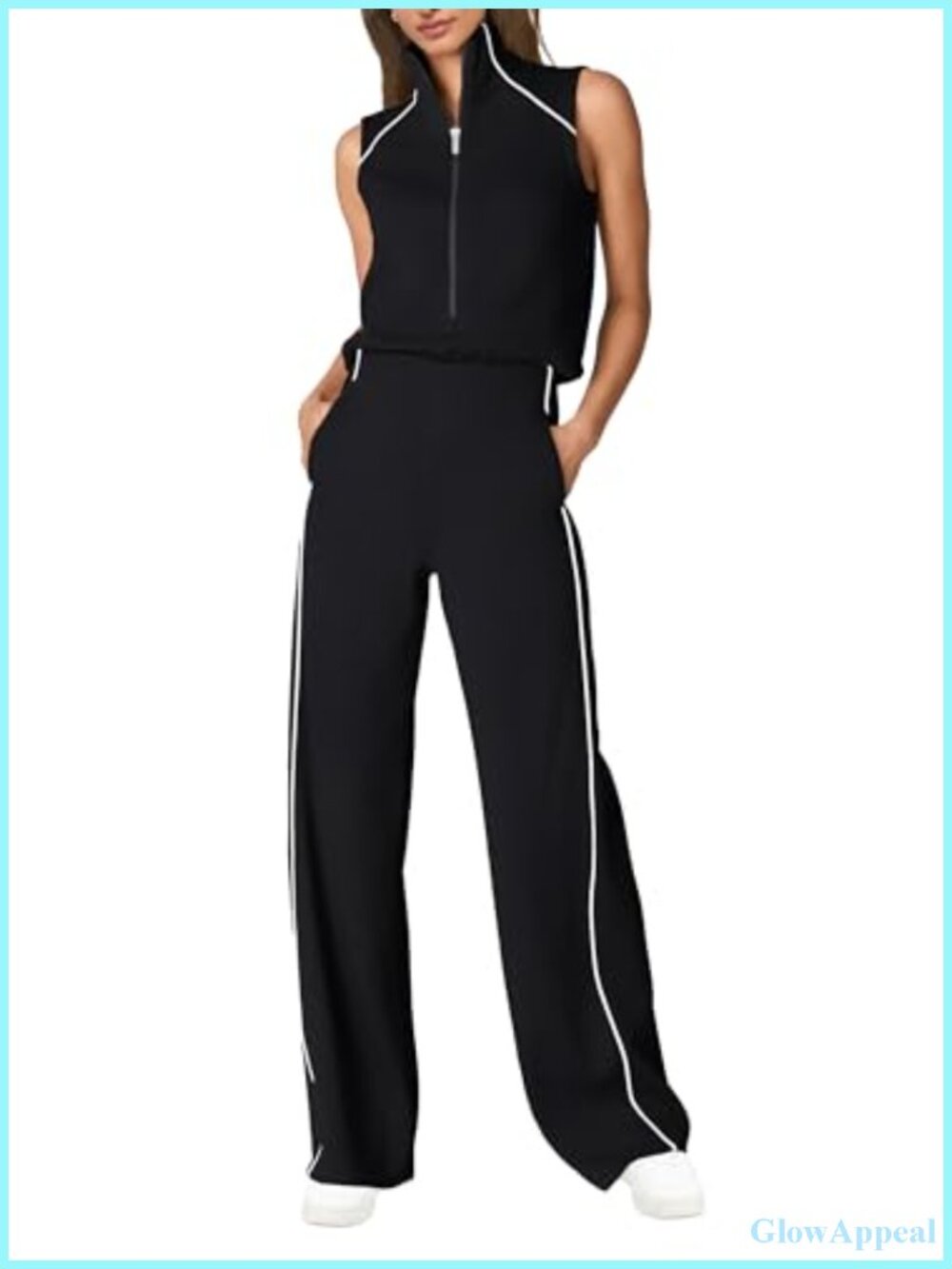 SENSERISE Sleeveless Mock Neck Jumpsuit Wide Leg Pants Romper with Pockets